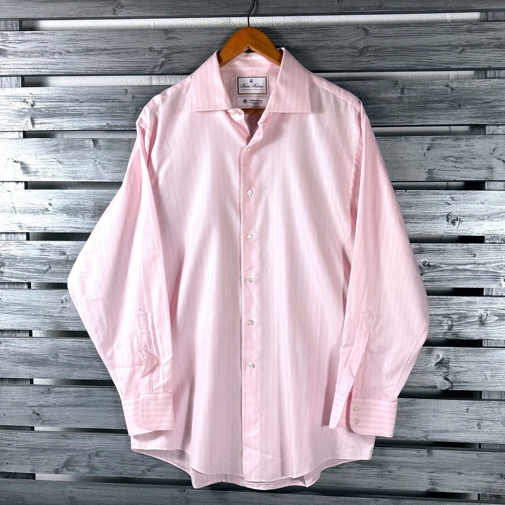 Brooks Brothers Thomas Mason Pink Striped Madison Fit Dress Shirt 16.5 34